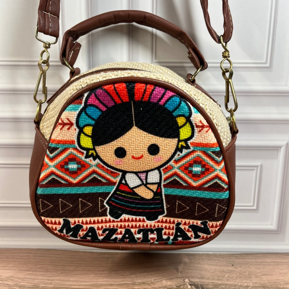 Mazatlan Crossbody Shoulder Bag Small Brown Embroidered Maria Doll Straw